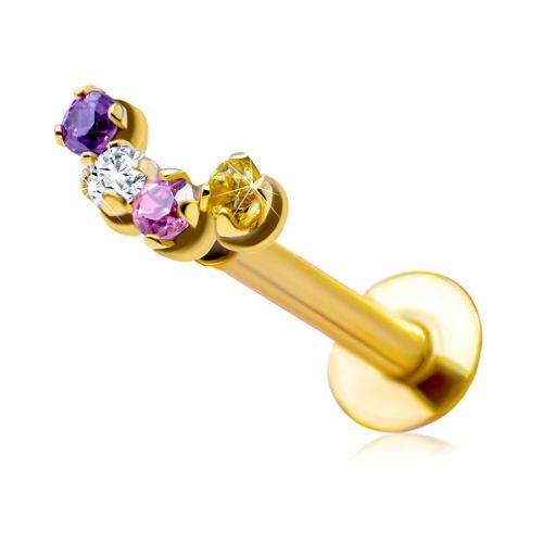 Piercing do pery a brady z 585 žltého zlata - motív oblúčika zo štyroch farebných zirkónikov