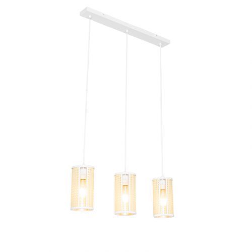 Oosterse hanglamp wit met rotan 3-lichts langwerpig - Akira