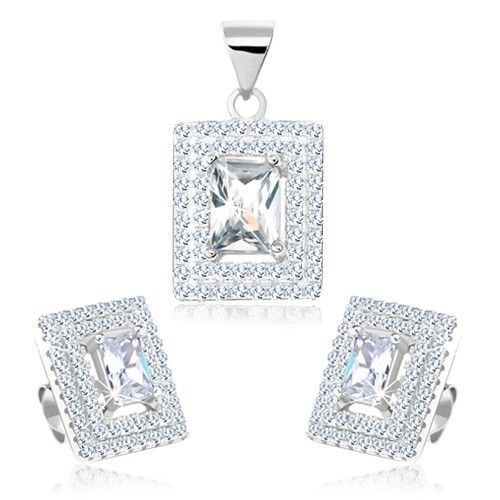 Strieborný set 925, náušnice s príveskom, zirkónový obdĺžnik, dvojitá obruba