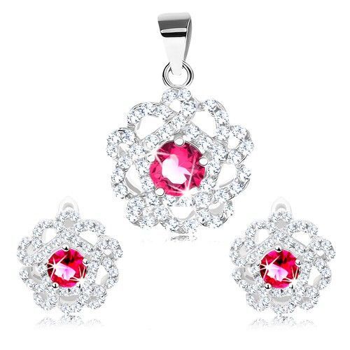 Strieborný set 925 - prívesok a náušnice, číry kvet s červeno-ružovým stredom