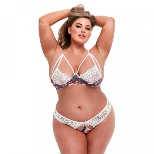 Baci Plus Size - grey floral and lace bra set with open back panty