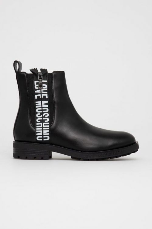 Kožené topánky Chelsea Love Moschino dámske, čierna farba, na plochom podpätku