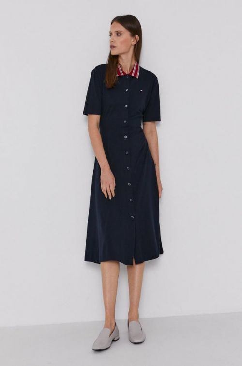 Šaty Tommy Hilfiger tmavomodrá farba, midi, áčkový strih