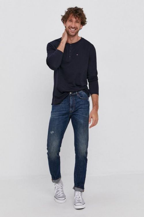 Tričko s dlhým rukávom Tommy Hilfiger pánske, tmavomodrá farba, jednofarebné