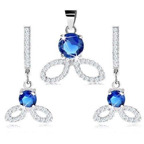 Strieborná sada 925, náušnice a prívesok, modrý zirkón, číre obrysy zrniek