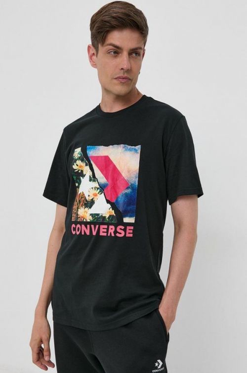 Bavlnené tričko Converse čierna farba, s potlačou