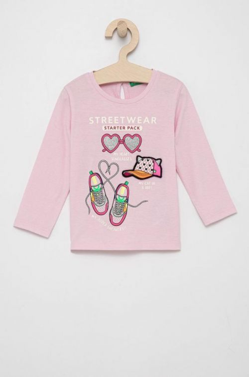 Detské tričko s dlhým rukávom United Colors of Benetton ružová farba