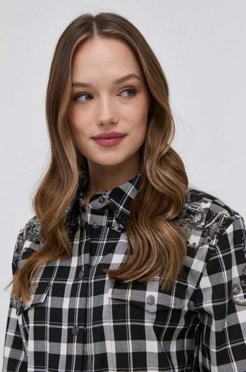 Košeľa Guess dámska, čierna farba, regular, s klasickým golierom