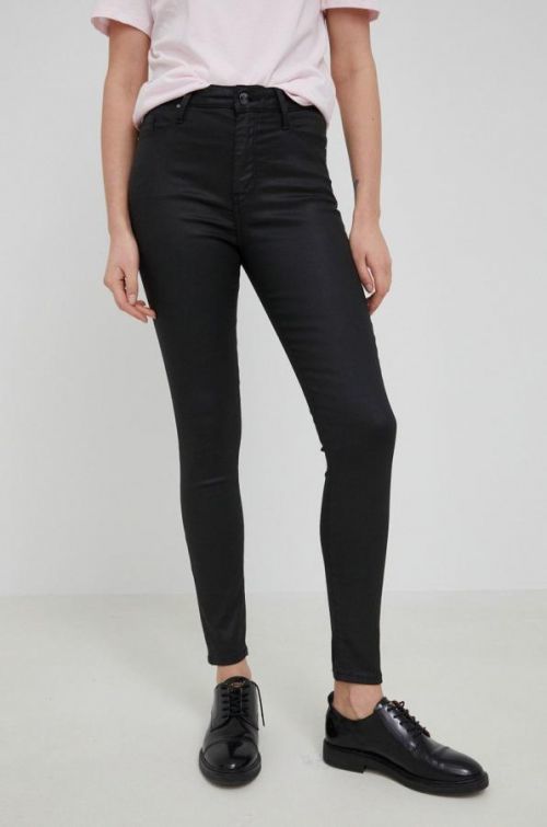 Nohavice Tommy Hilfiger dámske, čierna farba, priliehavé, vysoký pás