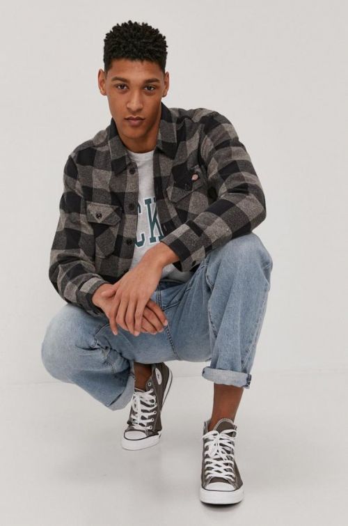 Bavlnená košeľa Dickies pánska, šedá farba, regular, s klasickým golierom