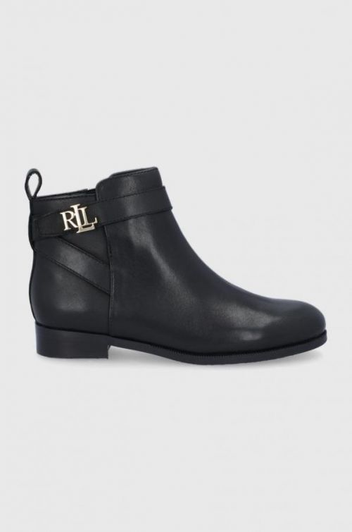 Kožené členkové topánky Lauren Ralph Lauren dámske, čierna farba, na plochom podpätku