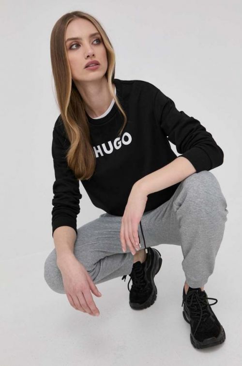 Bavlnená mikina Hugo dámska, čierna farba, s potlačou