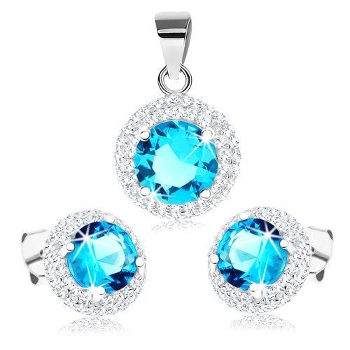 Strieborná 925 sada - náušnice a prívesok, zirkón akvamarínovej farby, číry lem