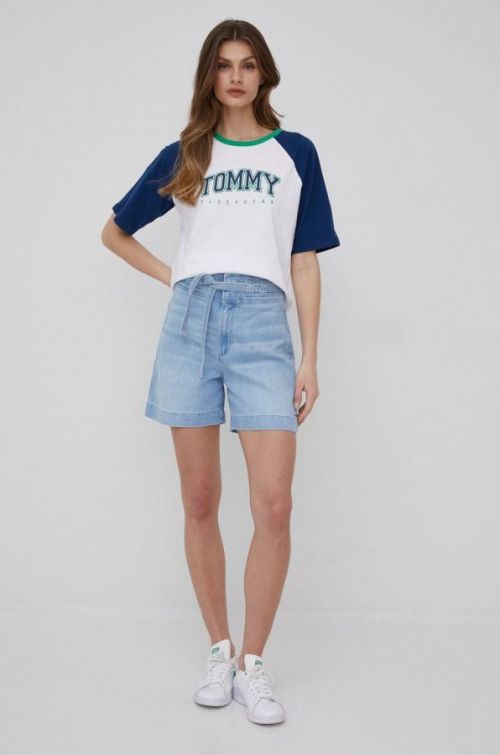 Rifľové krátke nohavice Tommy Hilfiger dámske, jednofarebné, vysoký pás