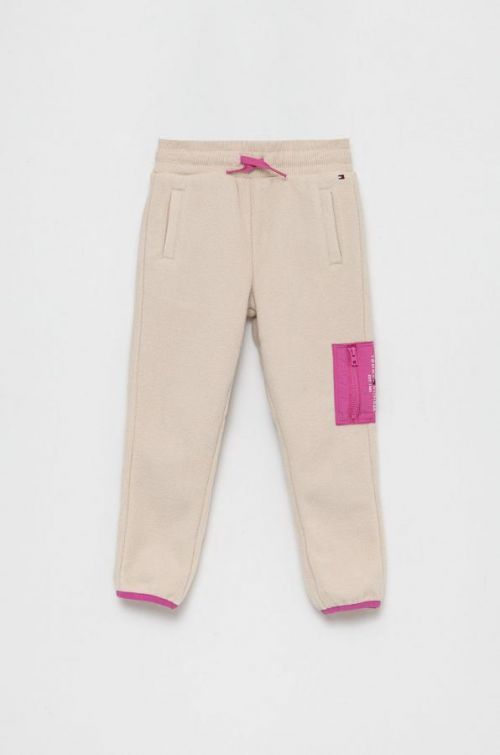 Detské nohavice Tommy Hilfiger béžová farba, jednofarebné