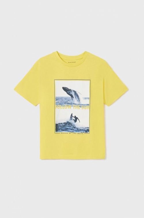 Detské bavlnené tričko Mayoral žltá farba, s potlačou