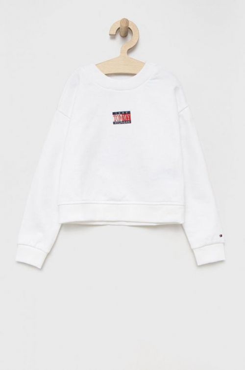Detská bavlnená mikina Tommy Hilfiger biela farba, s nášivkou