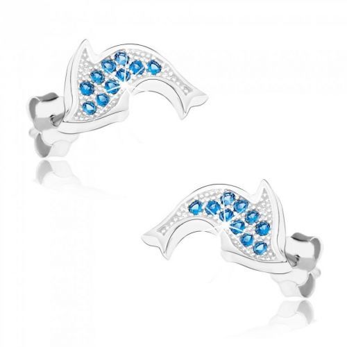 Ródiované náušnice zo striebra 925, ligotavý delfín, modré zirkóniky