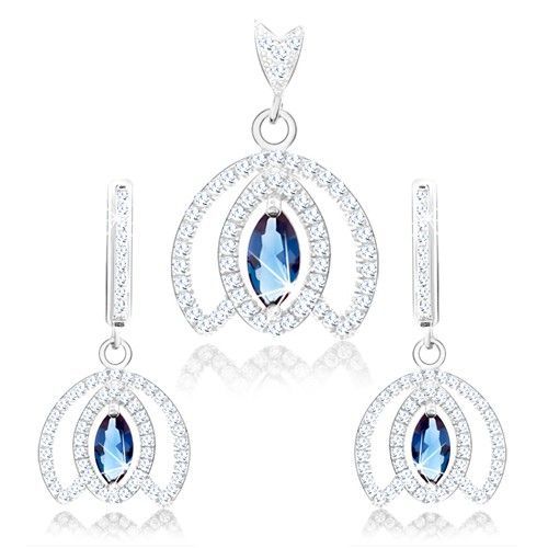 Strieborná 925 sada, prívesok a náušnice, obrys kalicha, modrý zirkón