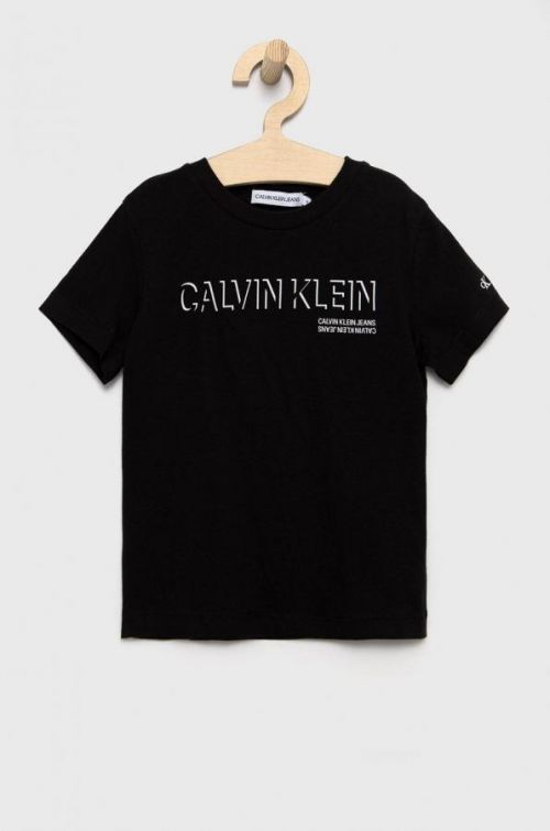 Detské bavlnené tričko Calvin Klein Jeans čierna farba, s potlačou