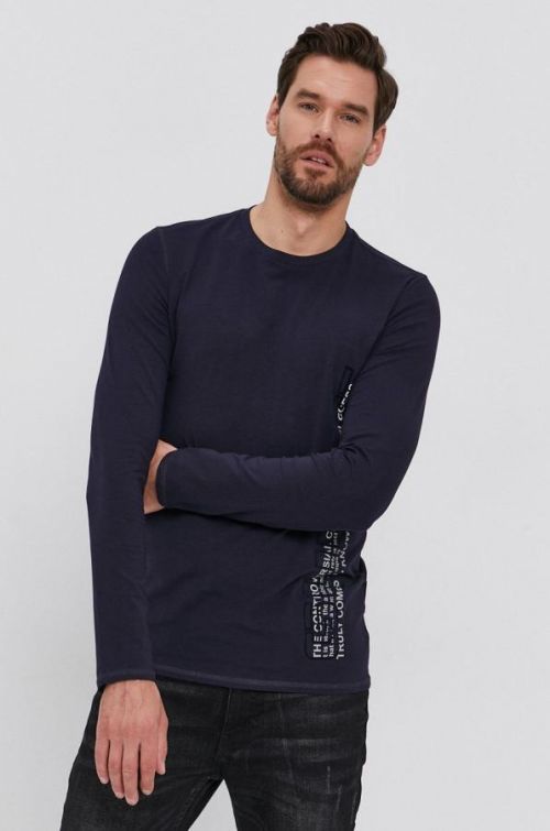 Tričko s dlhým rukávom Guess pánske, tmavomodrá farba, jednofarebné