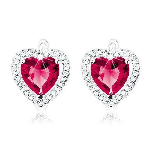 Náušnice zo striebra 925, červené zirkónové srdiečko, trblietavý lem, bočné výrezy
