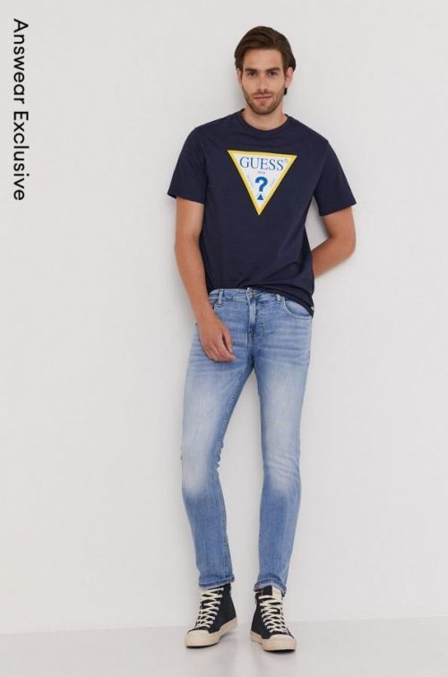 Tričko Guess pánske, tmavomodrá farba, s potlačou