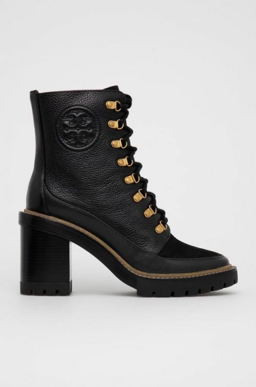 Kožené členkové topánky Tory Burch dámske, čierna farba, na podpätku