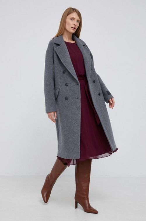 Vlnený kabát Tommy Hilfiger šedá farba, prechodný, dvojradový