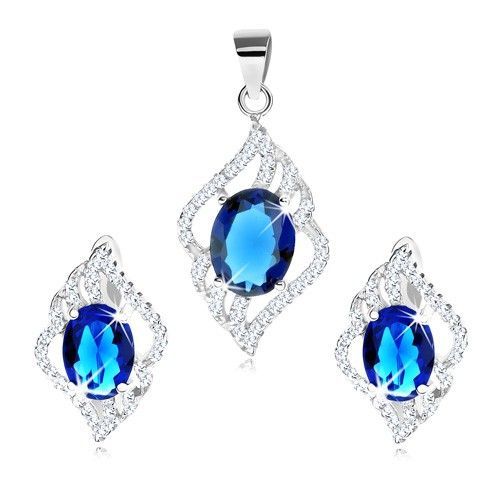 Sada prívesku a náušníc zo striebra 925, číra kontúra listu, modrý zirkón