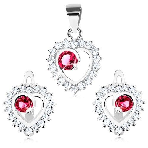 Strieborný 925 set - náušnice a prívesok, číry obrys srdca, okrúhly ružový zirkón