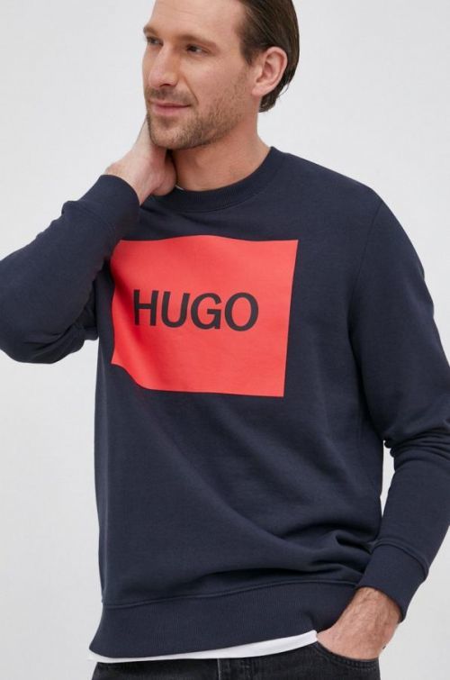 Bavlnená mikina Hugo pánska, tmavomodrá farba, s potlačou