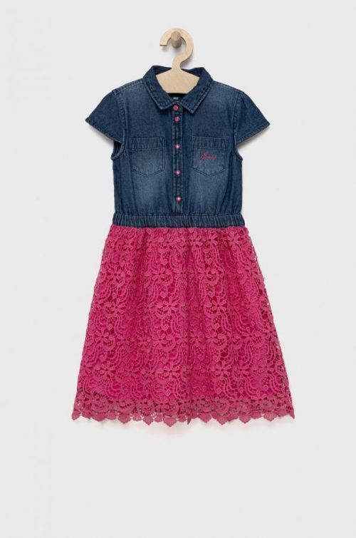 Dievčenské šaty Guess ružová farba, mini, áčkový strih