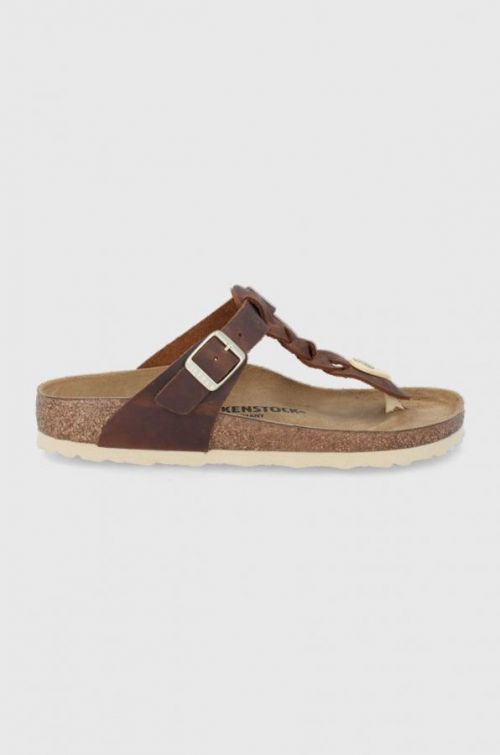 Kožené žabky Birkenstock Gizeh Braided dámske, hnedá farba, na plochom podpätku