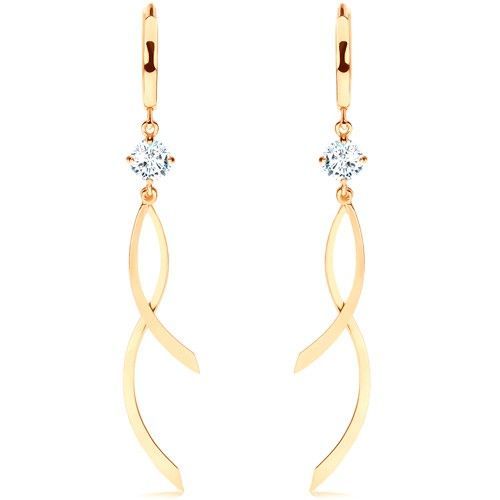 Visiace náušnice v žltom 14K zlate, hladký krúžok, číry zirkón, lesklé vlnky