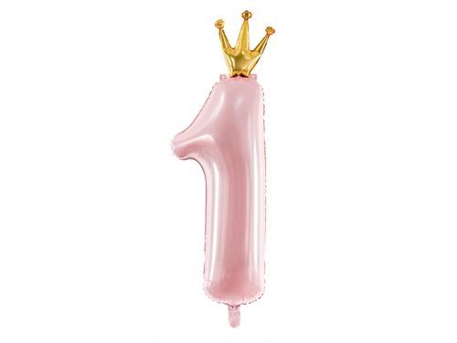 PartyDeco Fóliový balón narodeninové číslo 1 svetloružový - s korunkou
