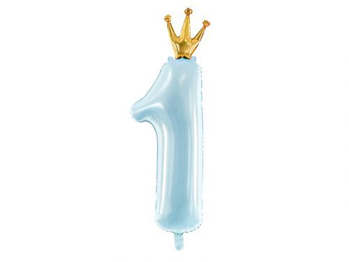 PartyDeco Fóliový balón narodeninové číslo 1 svetlomodrý - s korunkou