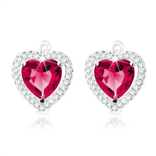 Náušnice zo striebra 925, tmavoružové srdce v čírej zirkónovej kontúre