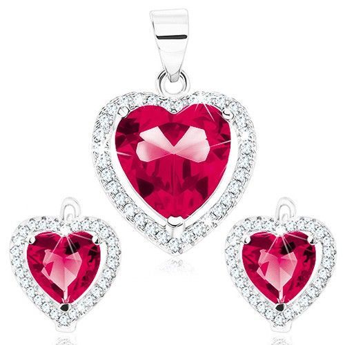 Set náušníc a prívesku zo striebra 925, červenoružové srdce, číra kontúra