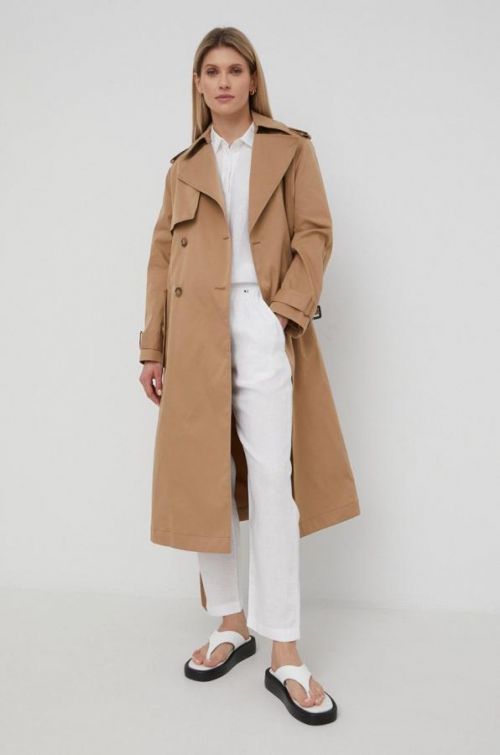 Trenčkot BOSS dámsky, béžová farba, prechodný, dvojradový