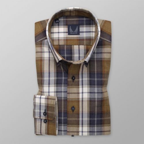 Pánska slim fit košeľa hnedá s tmavomodrým károvaným vzorom 13773