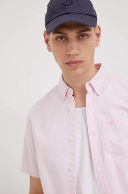 Bavlnená košeľa Superdry pánska, ružová farba, regular, s golierom button-down