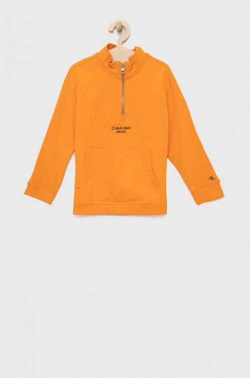 Detská bavlnená mikina Calvin Klein Jeans oranžová farba, s potlačou