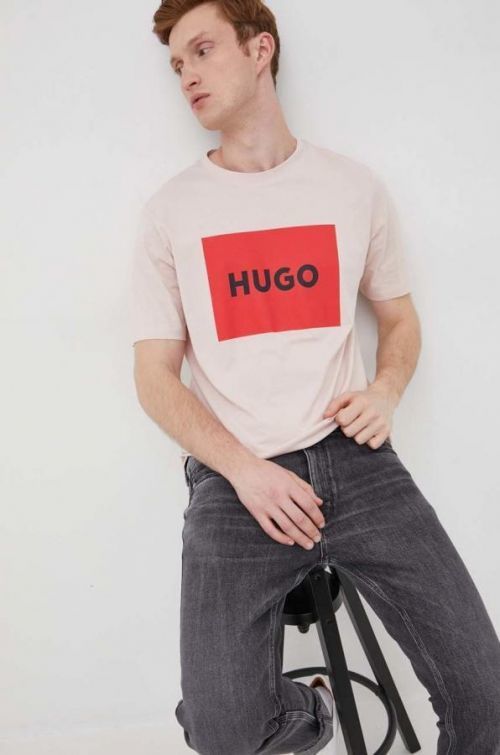 Bavlnené tričko HUGO ružová farba, s potlačou
