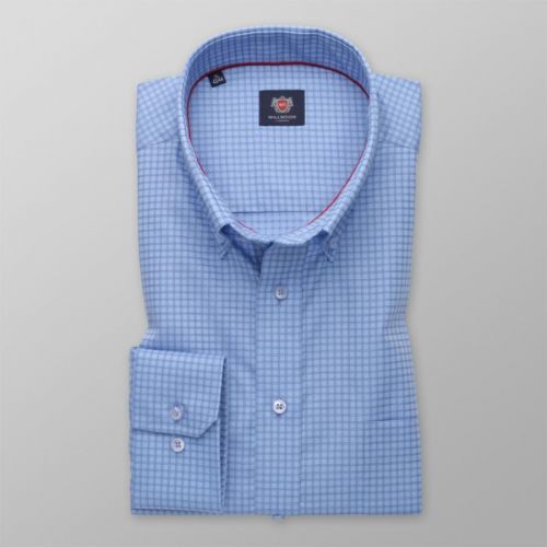 Pánska slim fit košeľa svetlomodrá s jemným károvaným vzorom 13804