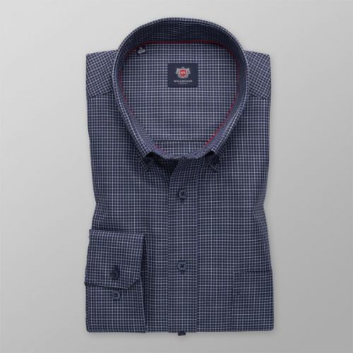 Pánska slim fit košeľa tmavomodrá s jemným kockovaným vzorom 13806