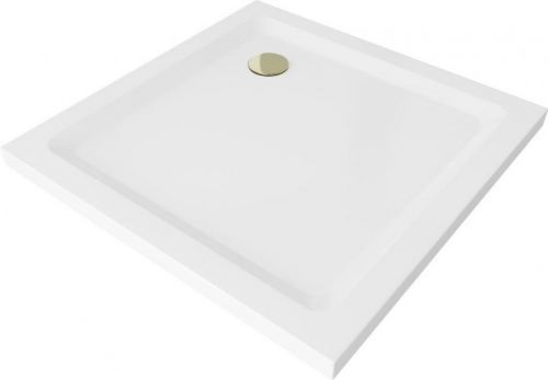 MEXEN/S - Flat sprchová vanička štvorcová slim 70 x 70 cm, biela + zlatý sifón 40107070G