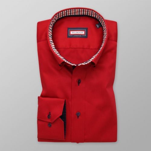 Pánska slim fit košeľa červenej farby s tmavomodrými kontrastnými prvkami 13850