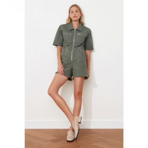 Trendyol Khaki Elastic Waist Denim Shorts Overalls
