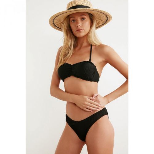 Trendyol Black Textured V Cut Bikini Bottoms